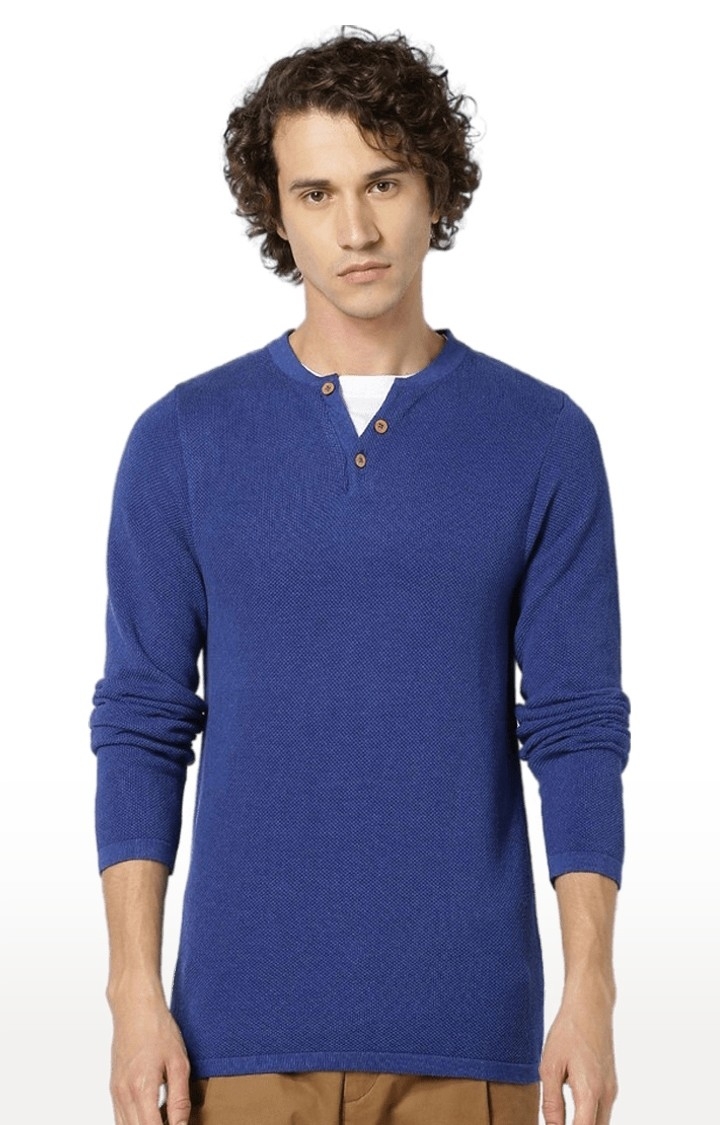 Men's Blue Solid Sweaters