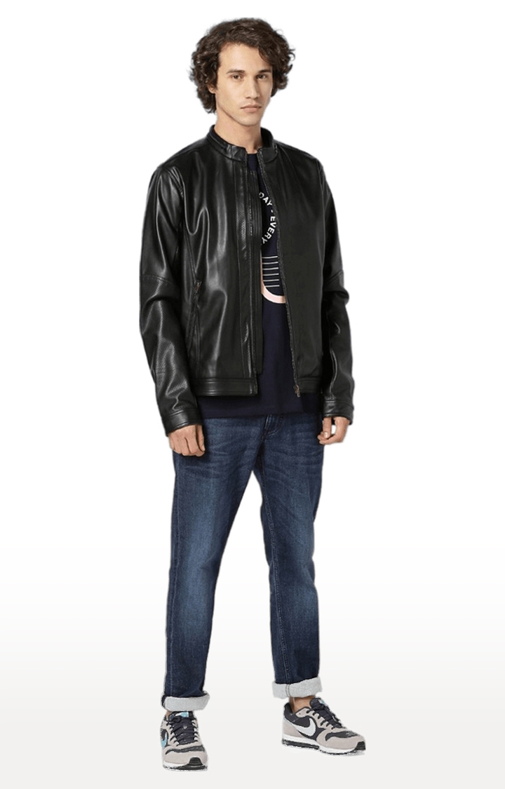 celio | Men's Black Solid Leather Jackets 1