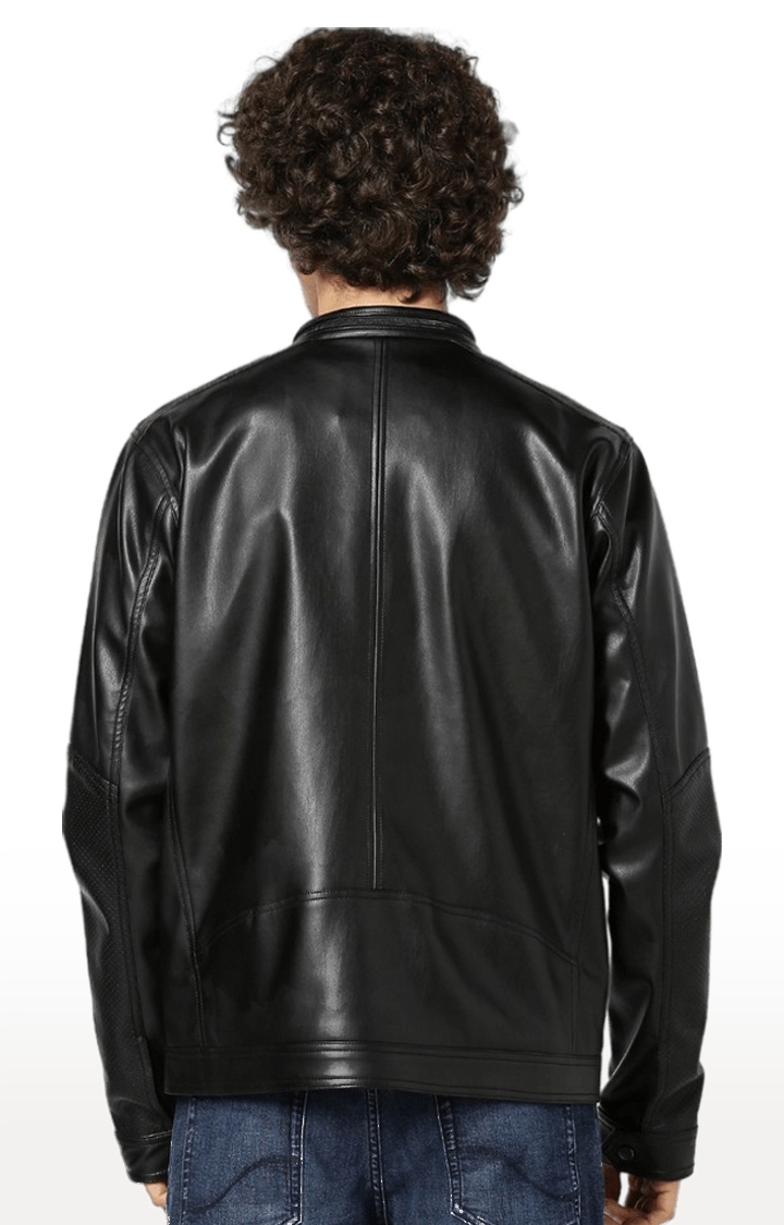 celio | Men's Black Solid Leather Jackets 3