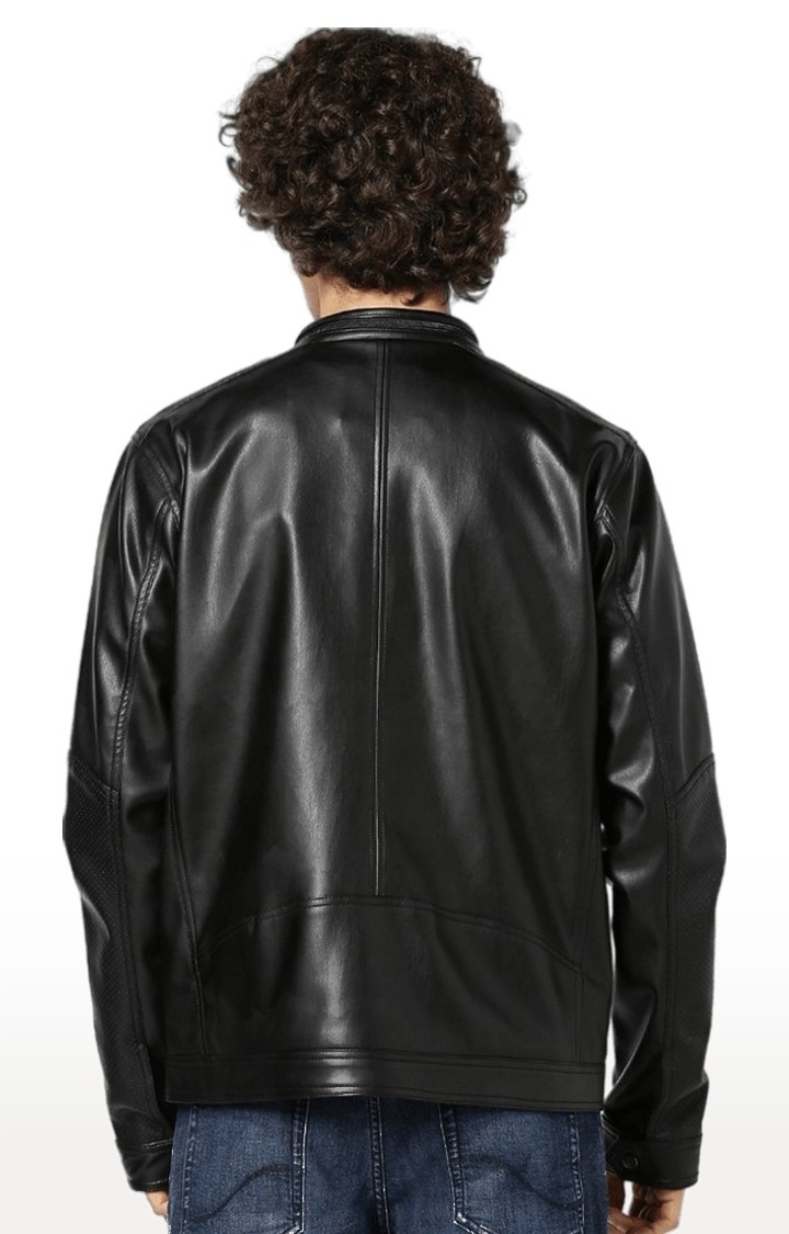 Men's Black Solid Leather Jackets