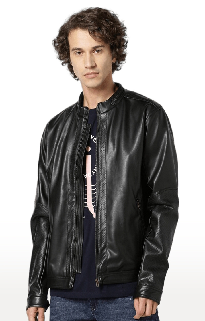 celio | Men's Black Solid Leather Jackets 0