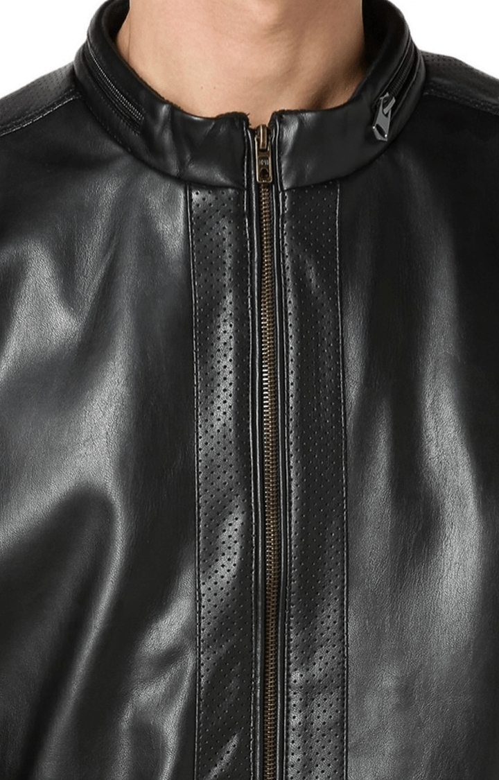 celio | Men's Black Solid Leather Jackets 4