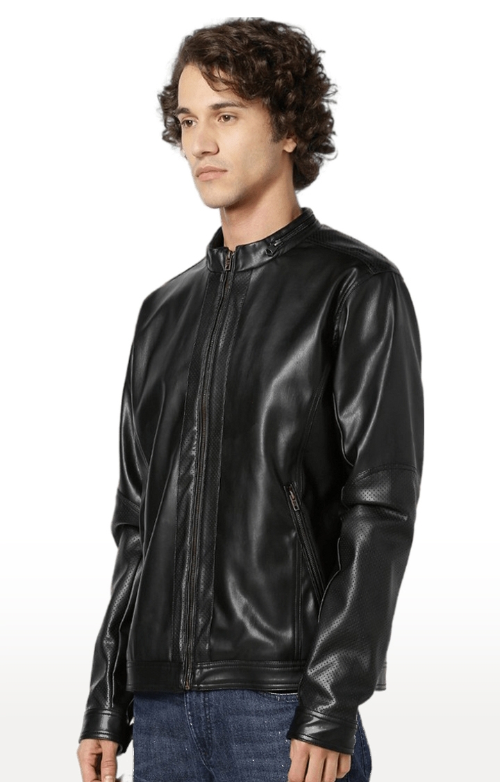 celio | Men's Black Solid Leather Jackets 2