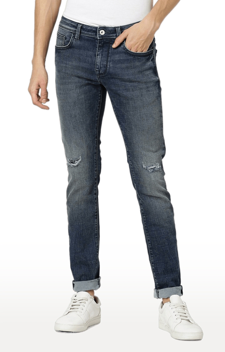 celio | Men's Blue Cotton Blend Ripped Ripped Jeans 0