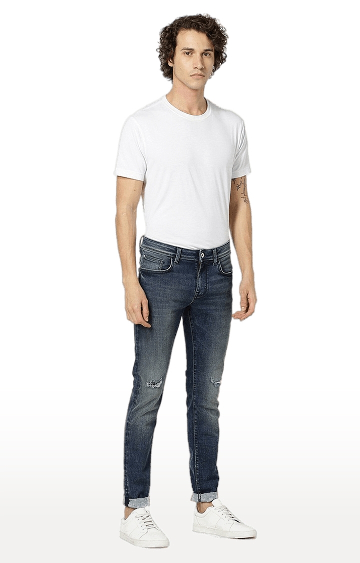 celio | Men's Blue Cotton Blend Ripped Ripped Jeans 1