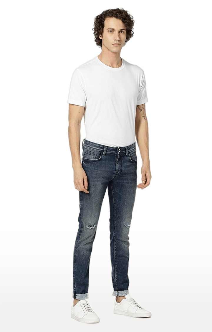 Men's Blue Cotton Blend Ripped Ripped Jeans