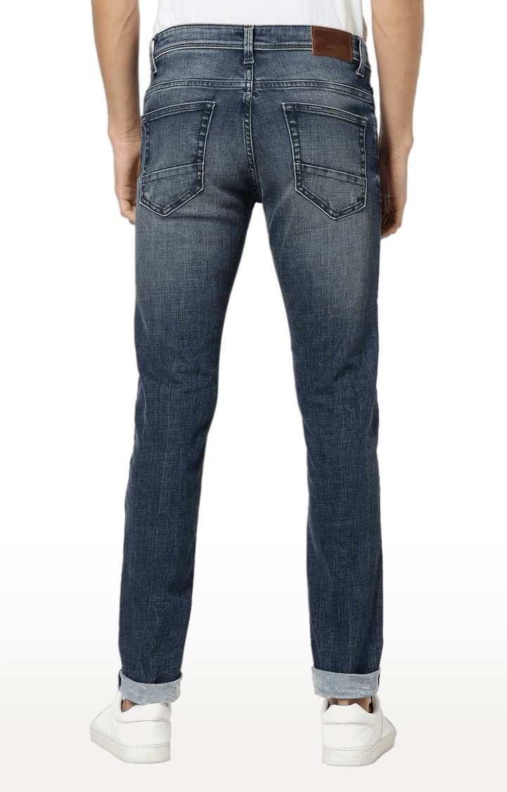 Men's Blue Cotton Blend Ripped Ripped Jeans