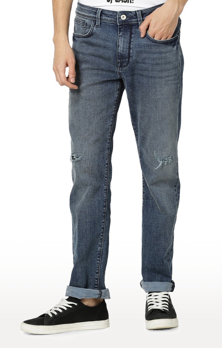 celio | Men's Blue Cotton Blend Solid Ripped Jeans 0