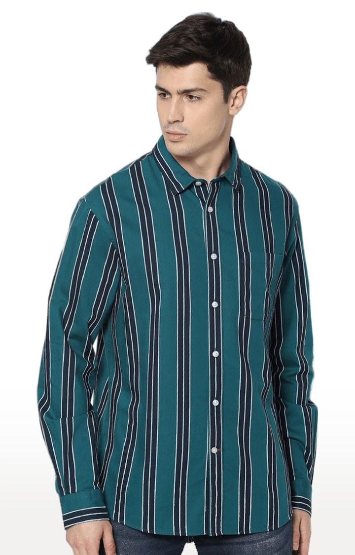 celio | Men's Green Striped Casual Shirts 0