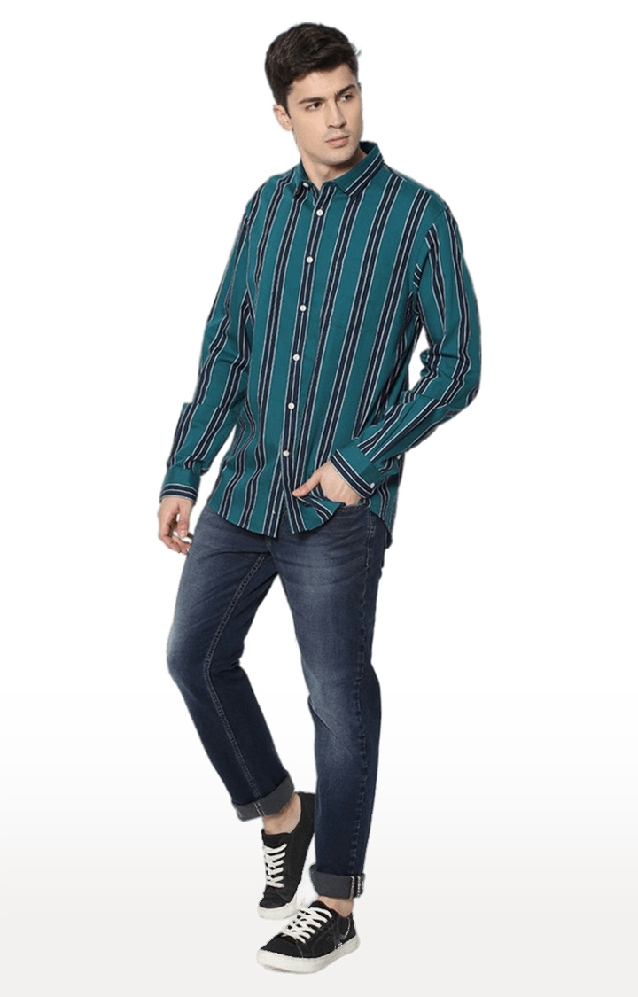 celio | Men's Green Striped Casual Shirts 1