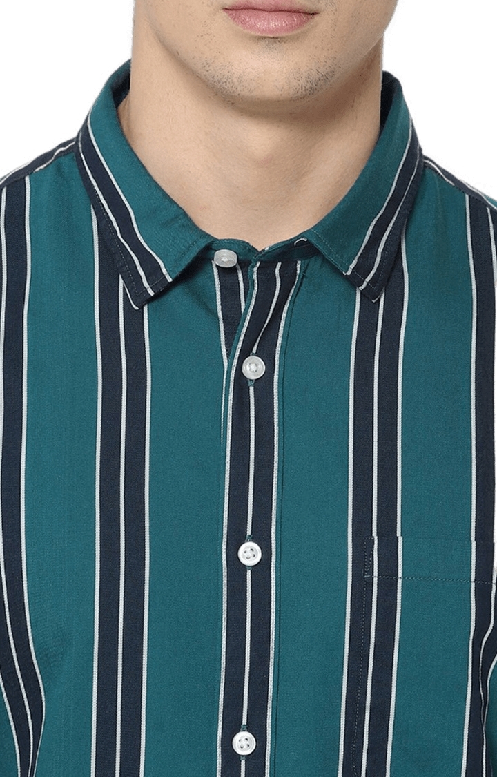 celio | Men's Green Striped Casual Shirts 4