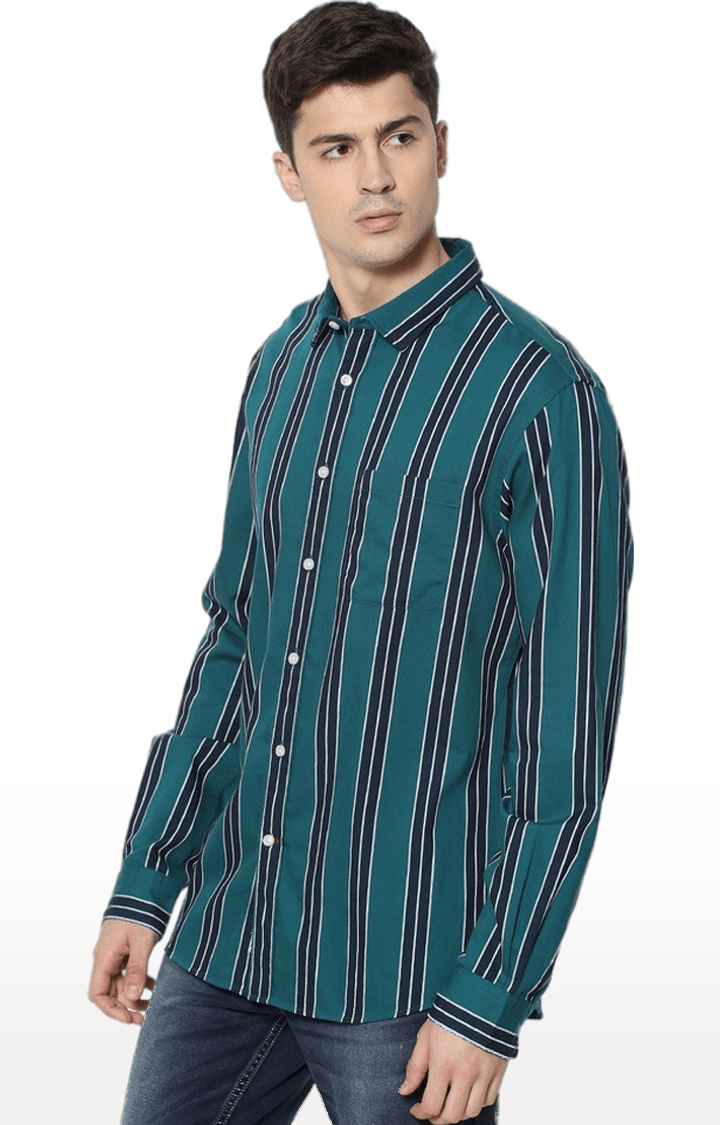 celio | Men's Green Striped Casual Shirts 2