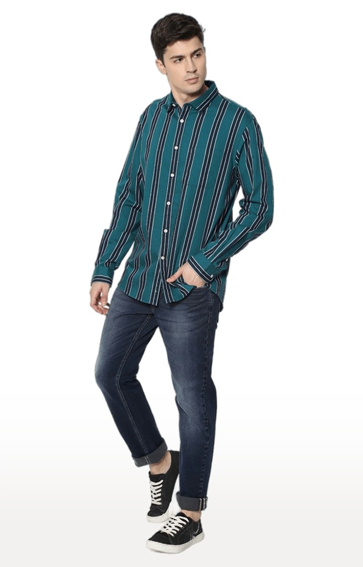 Men's Green Striped Casual Shirts