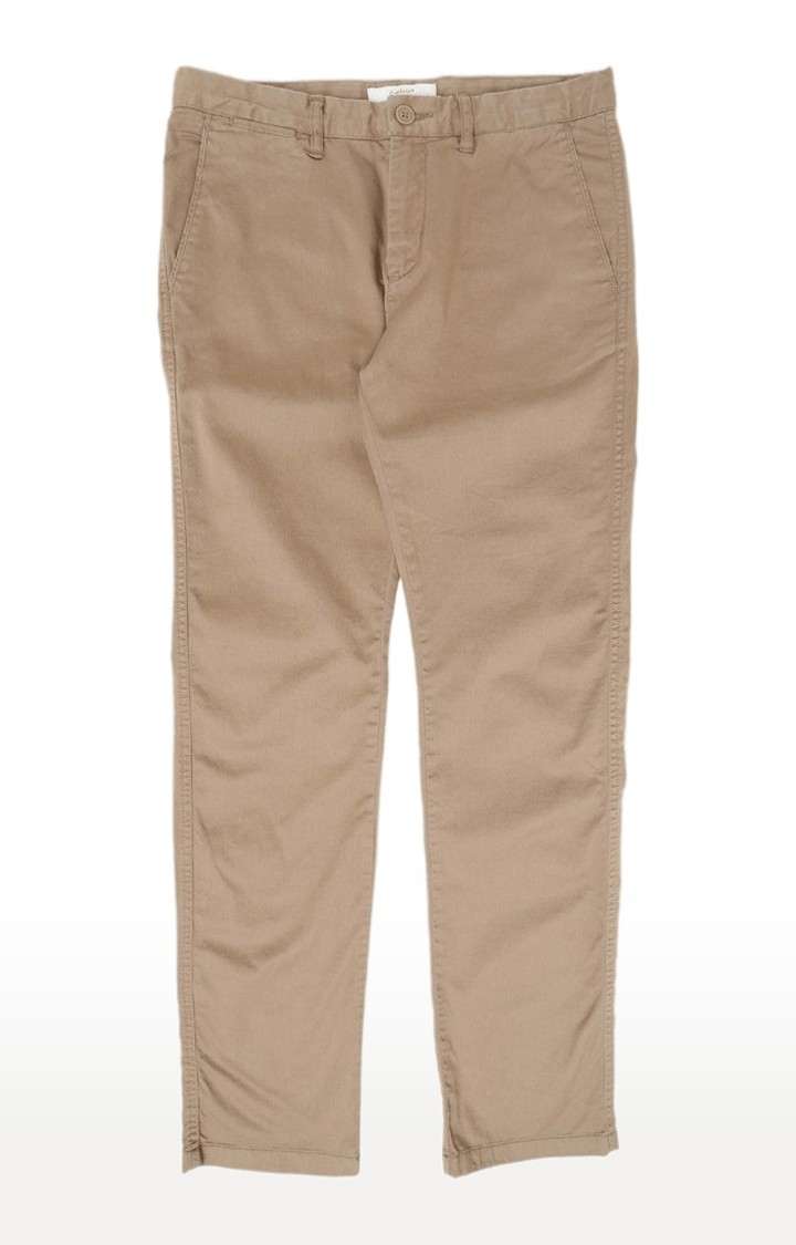 Men's Beige Cotton Blend Solid Chinos