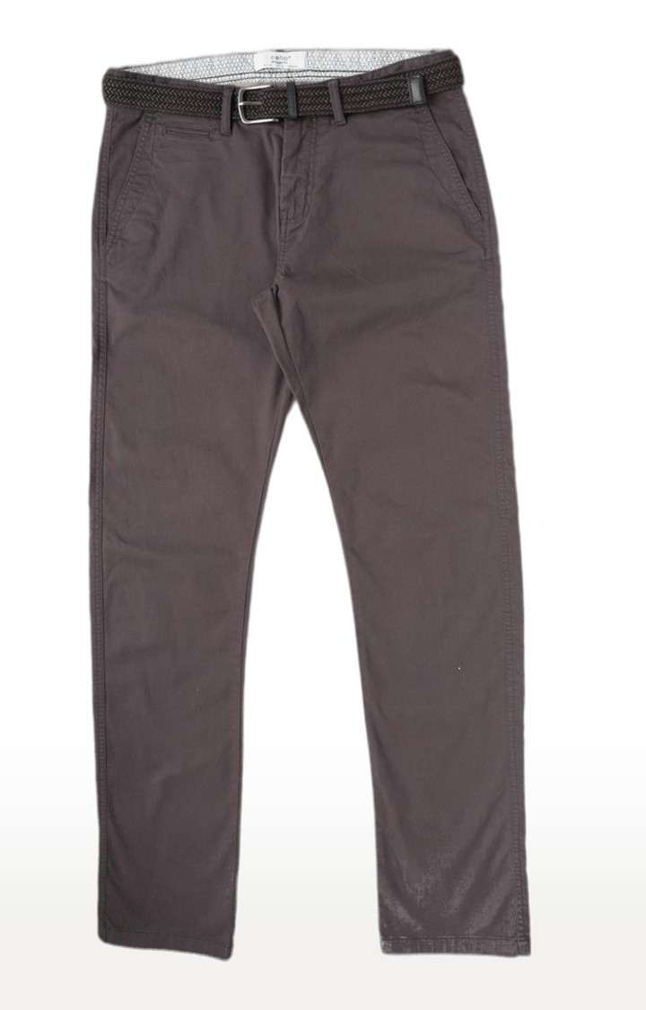 Men's Grey Cotton Blend Solid Chinos