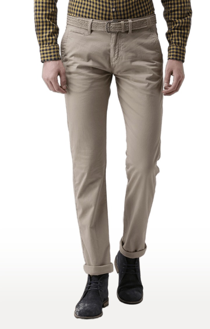 Men's Beige Cotton Blend Solid Chinos