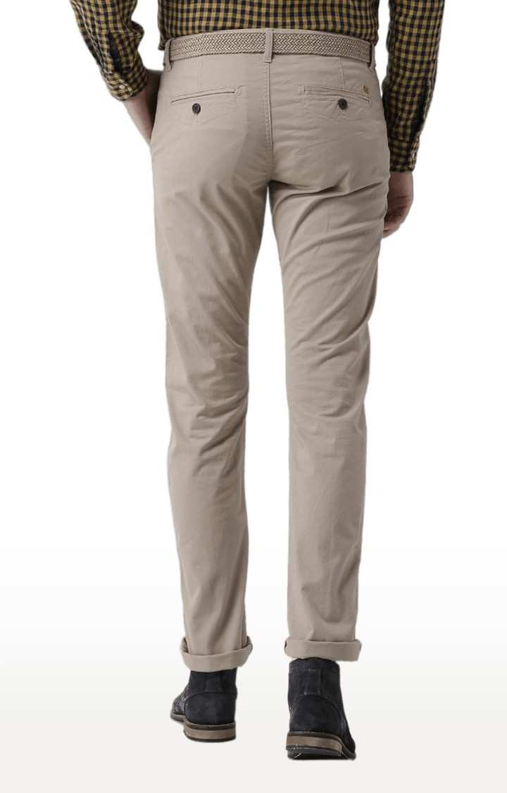 Men's Beige Cotton Blend Solid Chinos