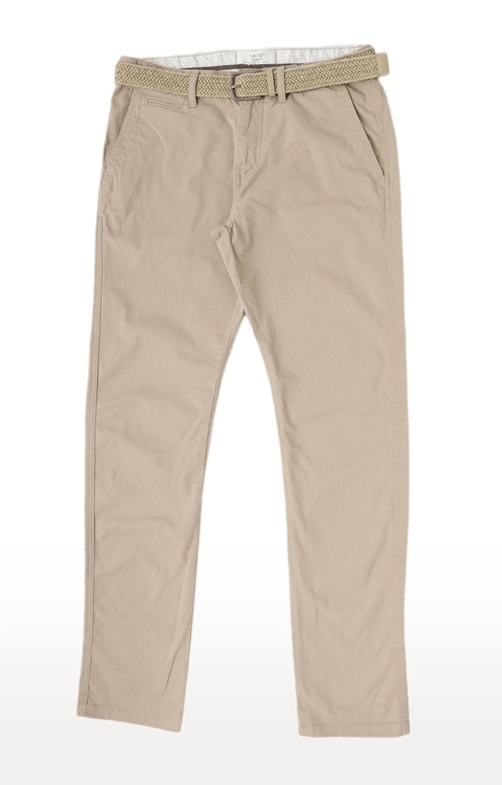 Men's Beige Cotton Blend Solid Chinos