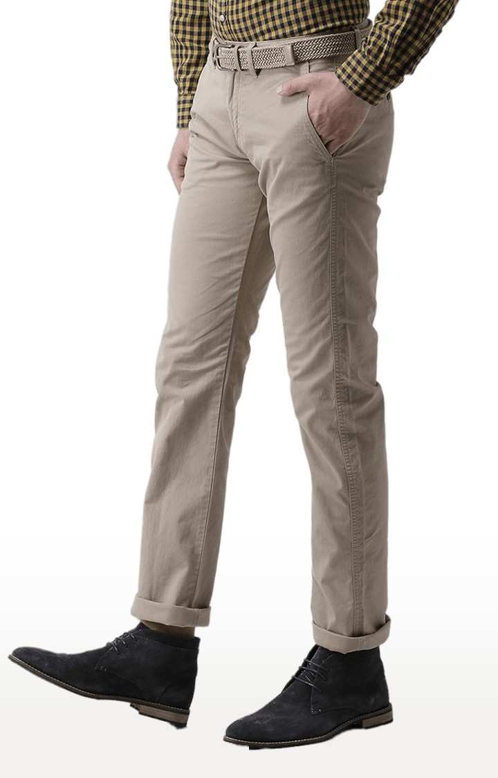 Men's Beige Cotton Blend Solid Chinos