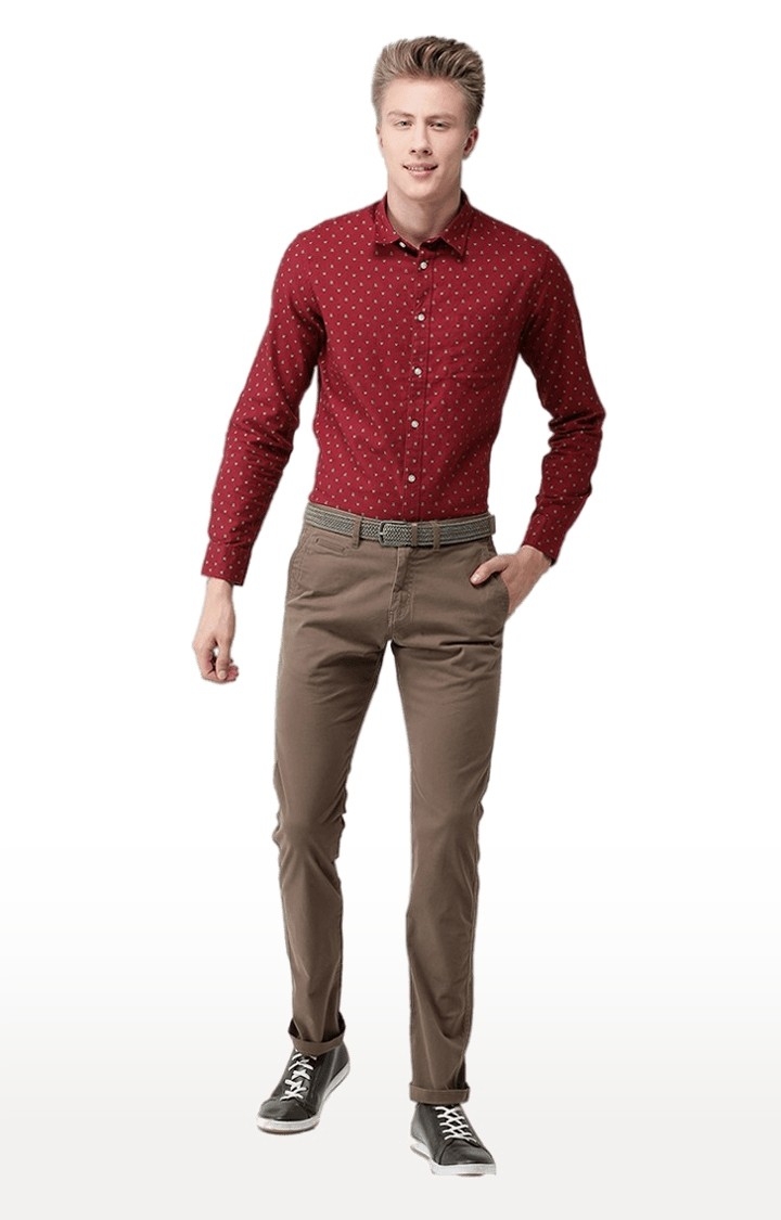 Men's Brown Cotton Blend Solid Chinos