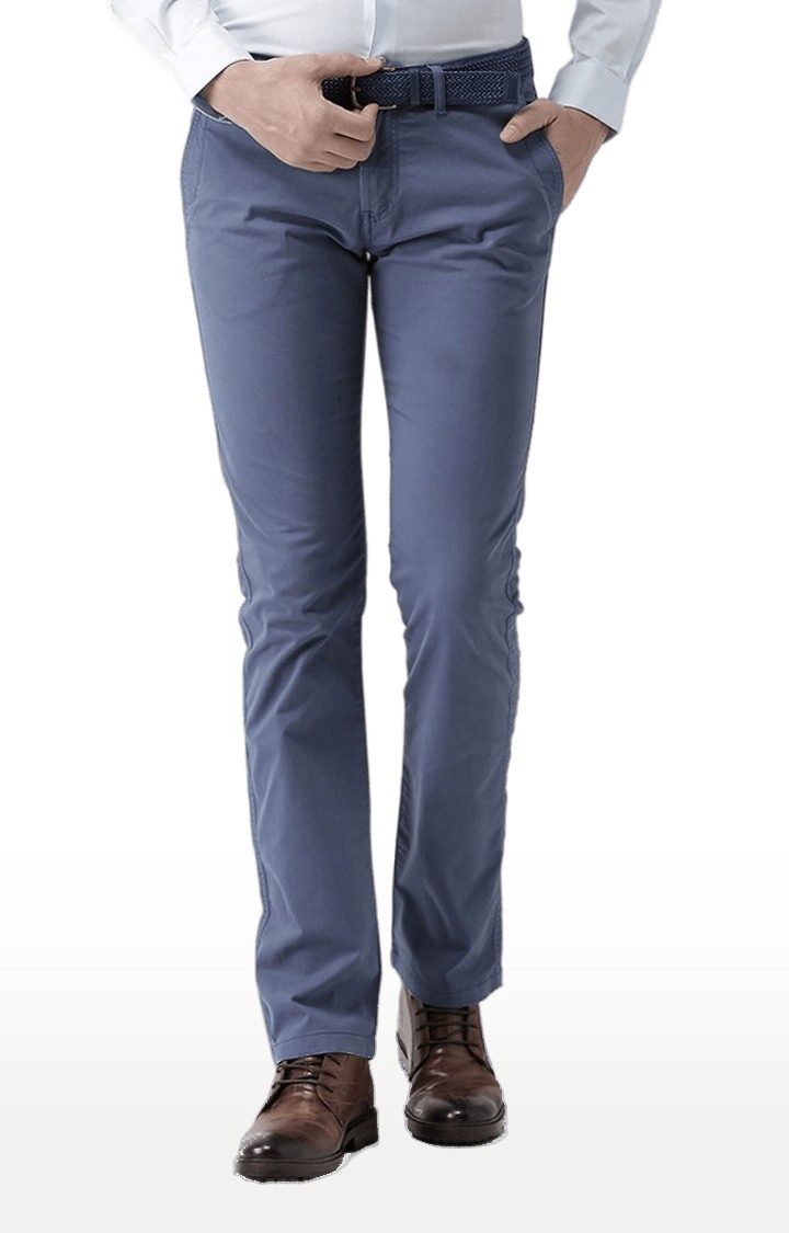 Men's Blue Cotton Blend Solid Chinos