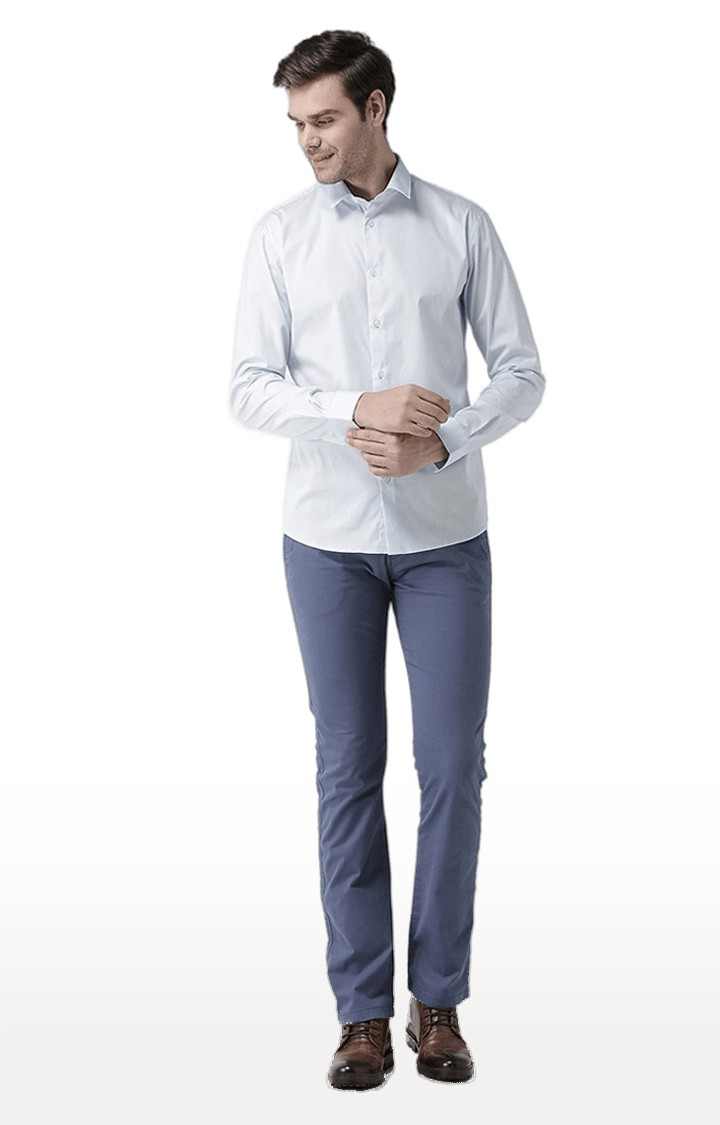 Men's Blue Cotton Blend Solid Chinos