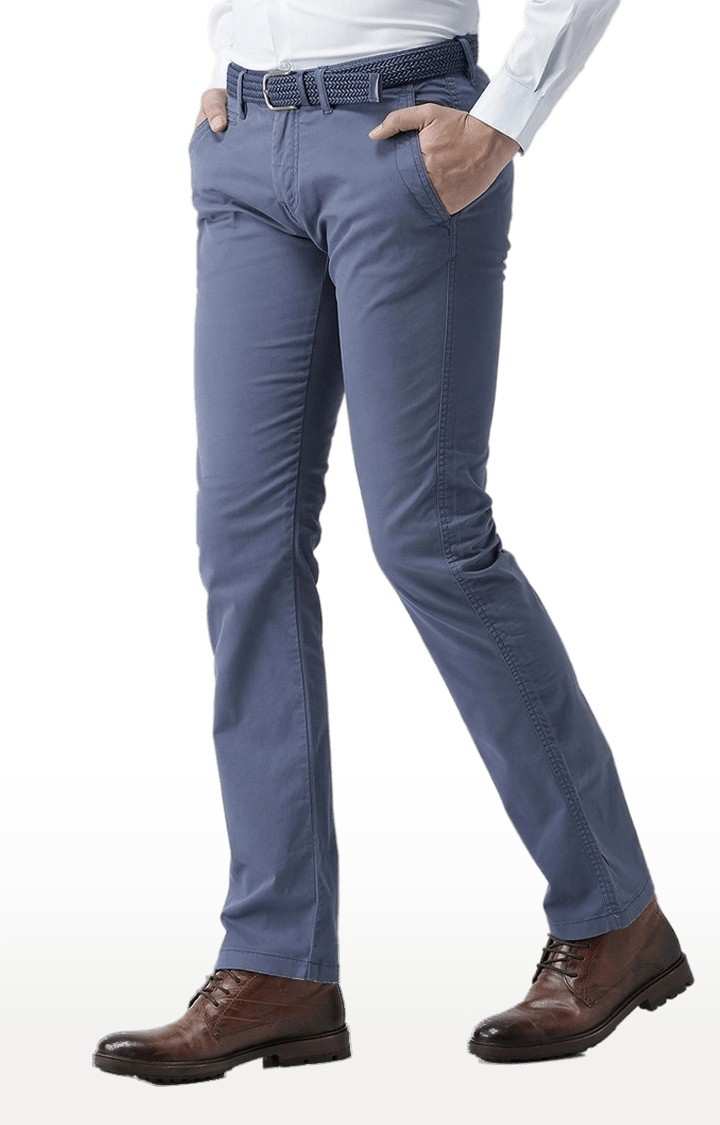 Men's Blue Cotton Blend Solid Chinos