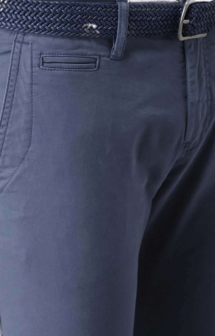 Men's Blue Cotton Blend Solid Chinos
