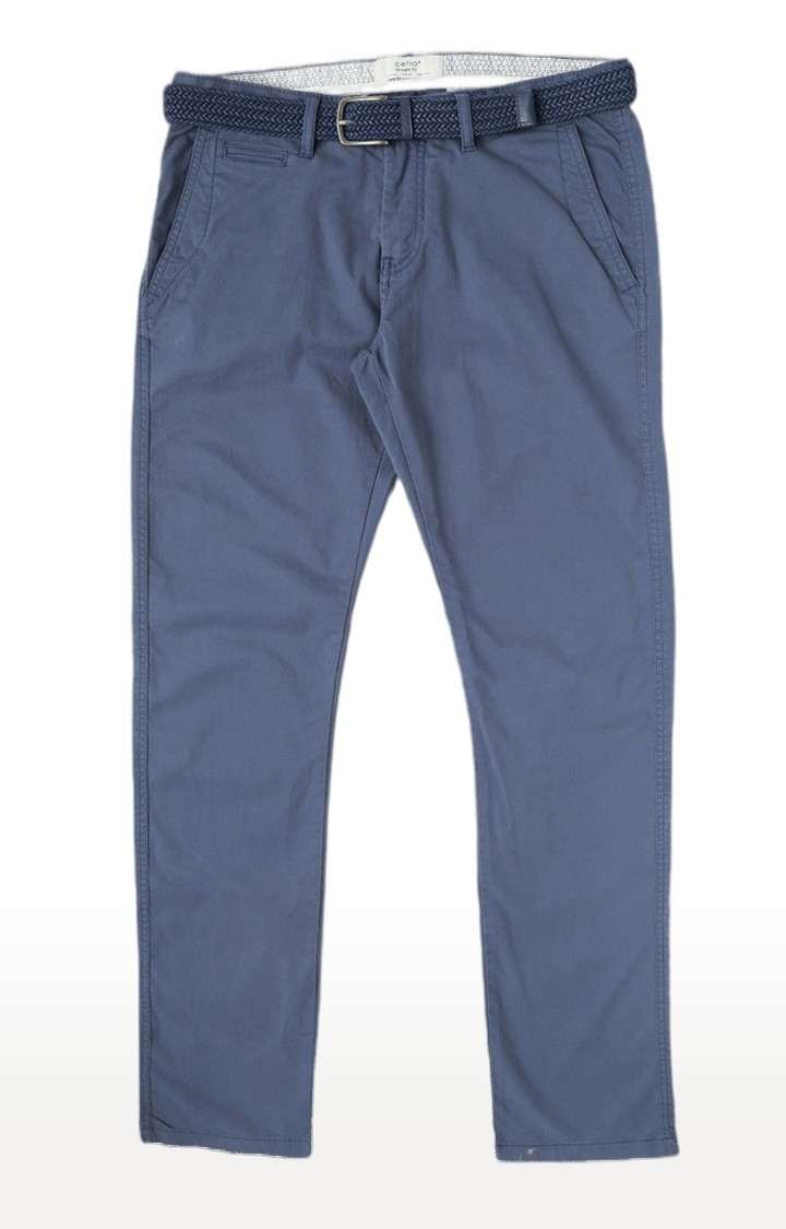 Men's Blue Cotton Blend Solid Chinos