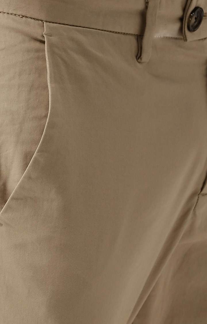 Men's Beige Cotton Blend Solid Chinos