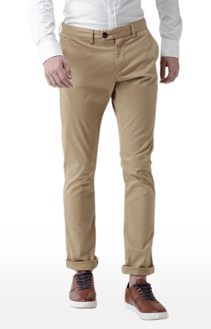 celio | Men's Beige Cotton Blend Solid Chinos