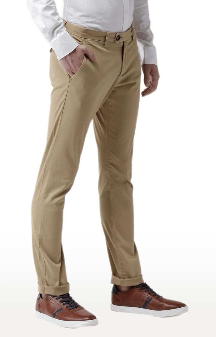 Men's Beige Cotton Blend Solid Chinos