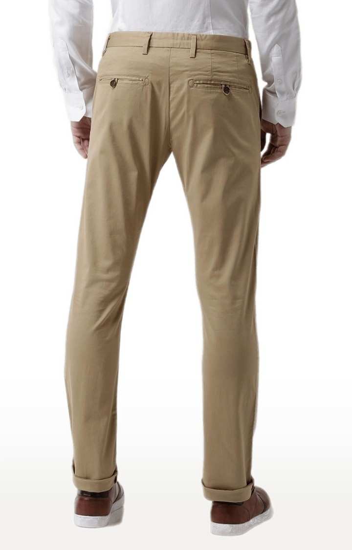 Men's Beige Cotton Blend Solid Chinos
