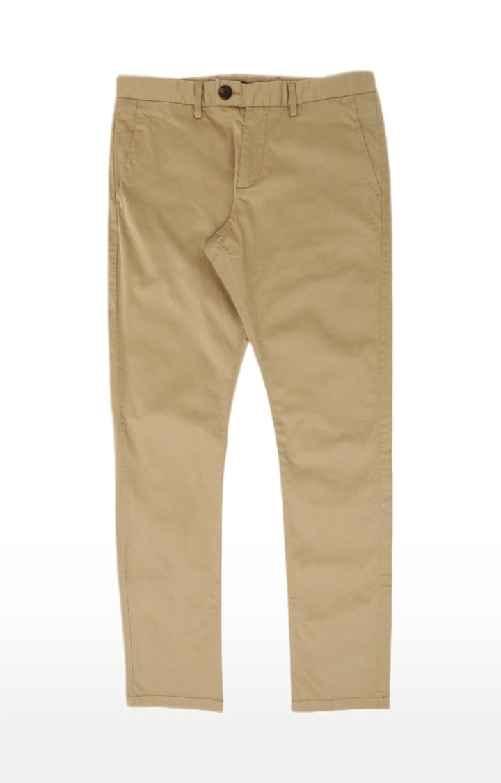 Men's Beige Cotton Blend Solid Chinos