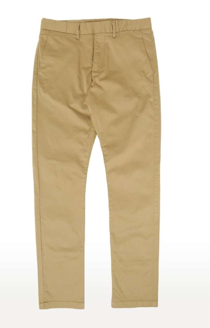 Men's Beige Cotton Blend Solid Chinos