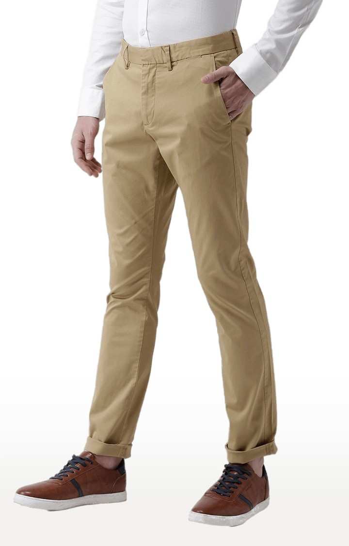 Men's Beige Cotton Blend Solid Chinos