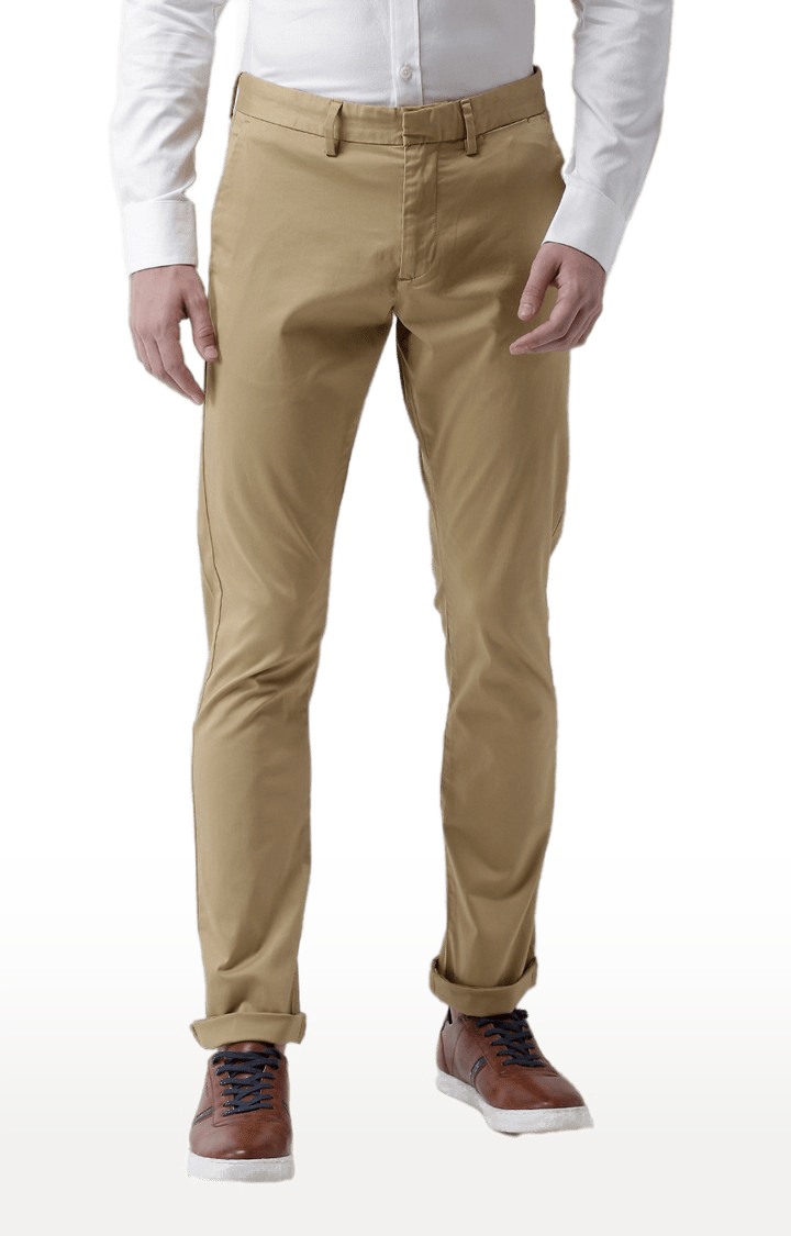 Men's Beige Cotton Blend Solid Chinos