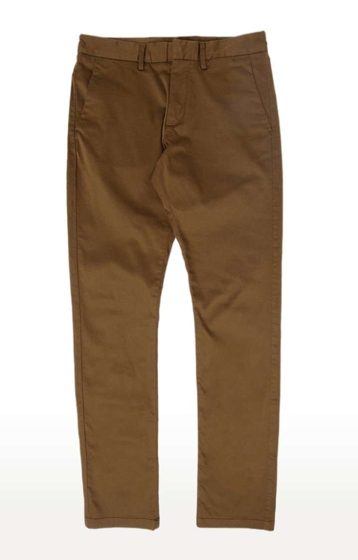 Men's Brown Cotton Blend Solid Chinos