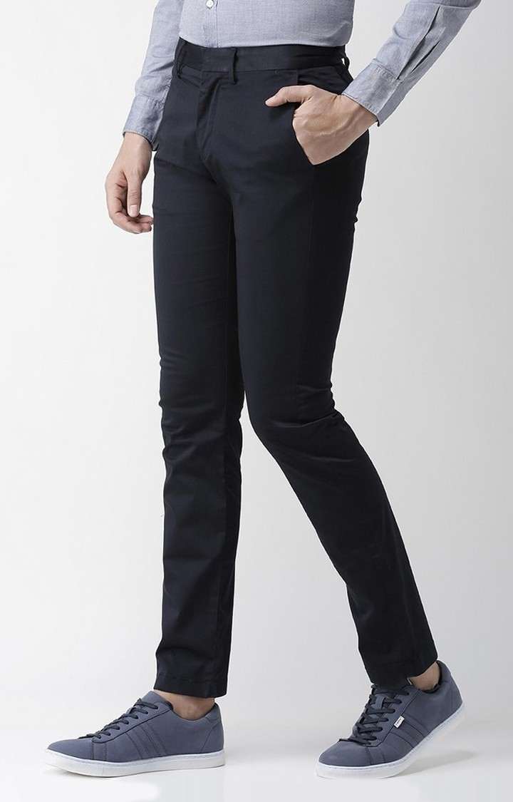 Men's Blue Cotton Blend Solid Chinos