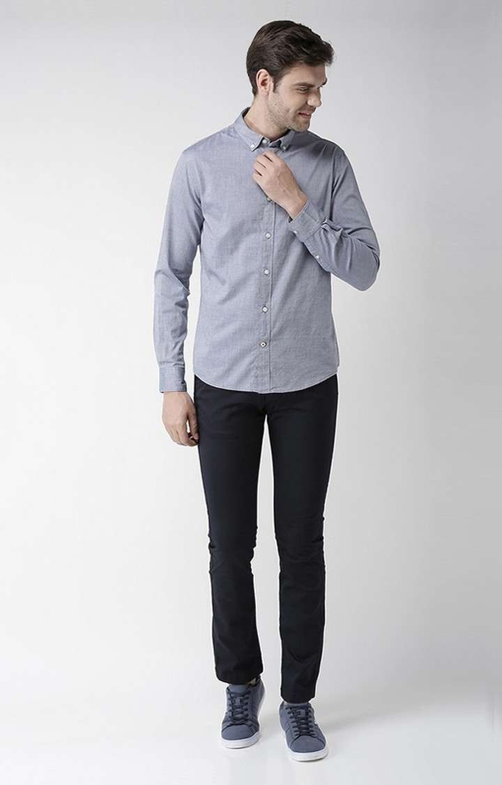 Men's Blue Cotton Blend Solid Chinos