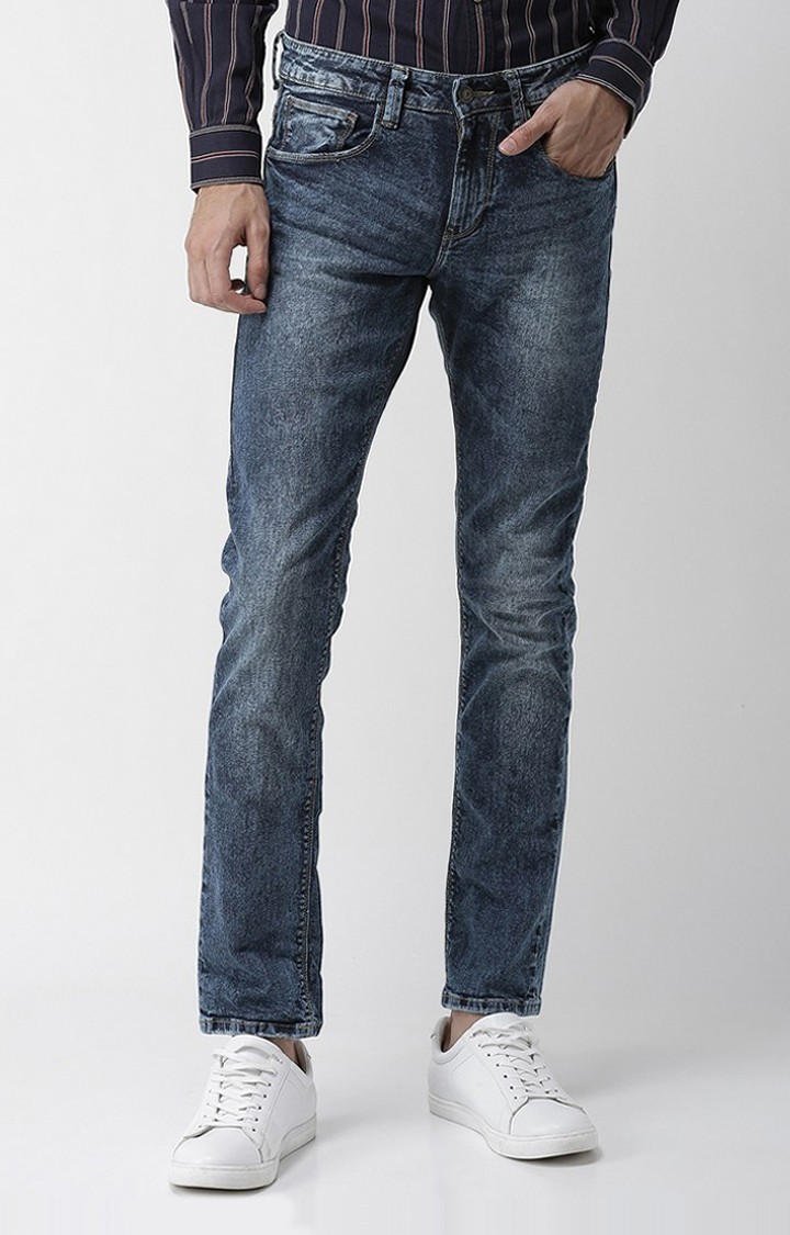 Men's Blue Cotton Blend Solid Straight Jeans