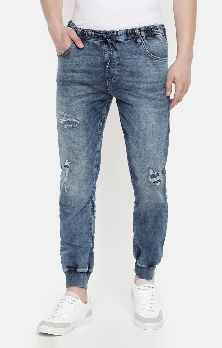Men's Blue Cotton Blend Solid Joggers Jeans