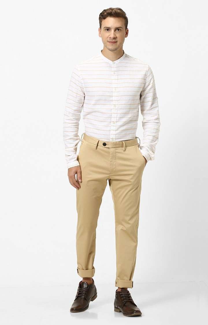 Men's Beige Cotton Blend Solid Chinos