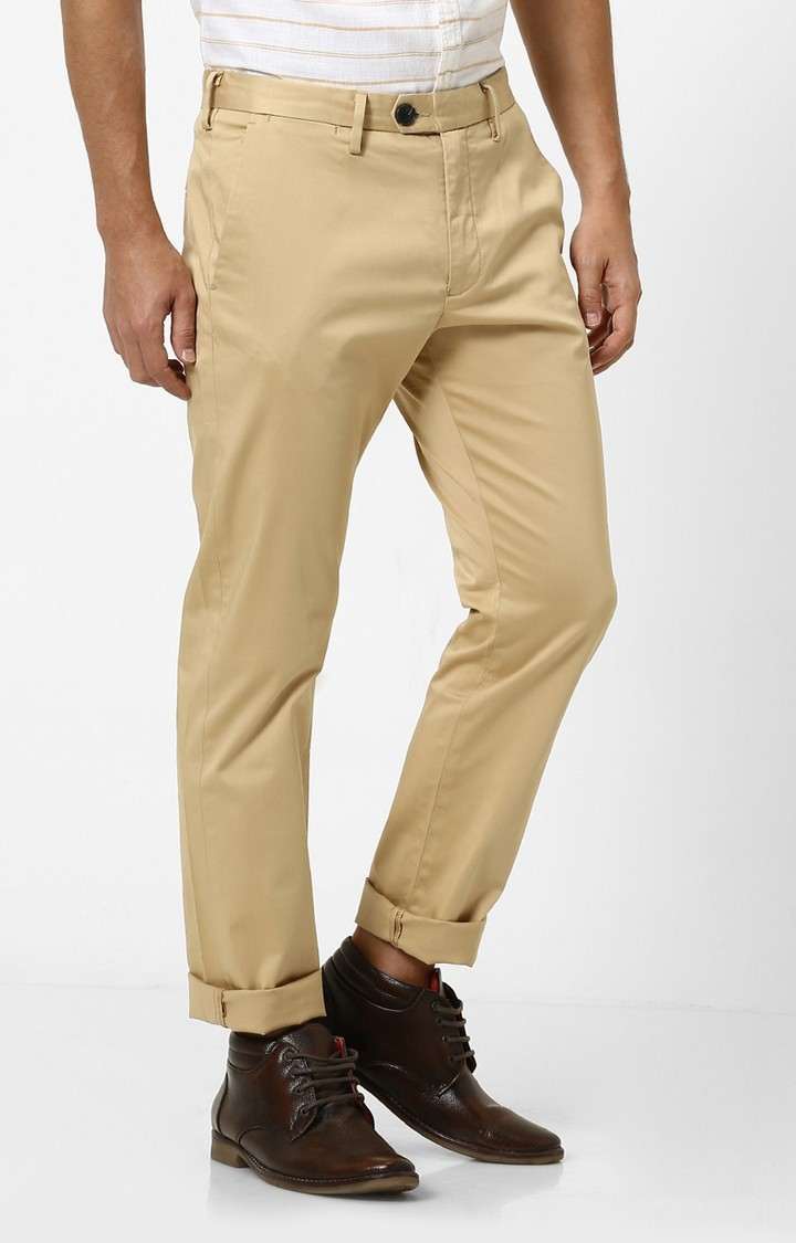 Men's Beige Cotton Blend Solid Chinos