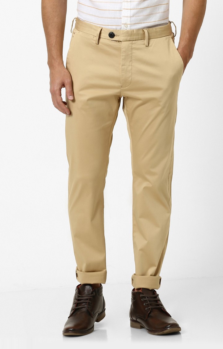 celio | Men's Beige Cotton Blend Solid Chinos