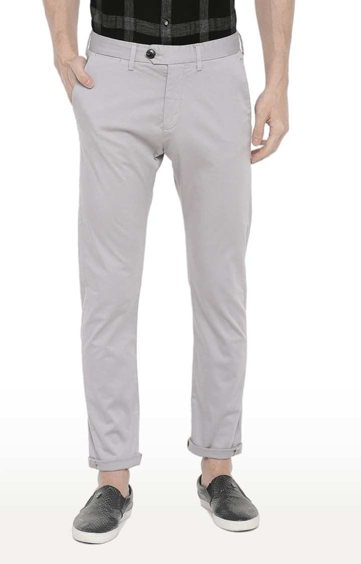 Men's Grey Cotton Blend Solid Chinos