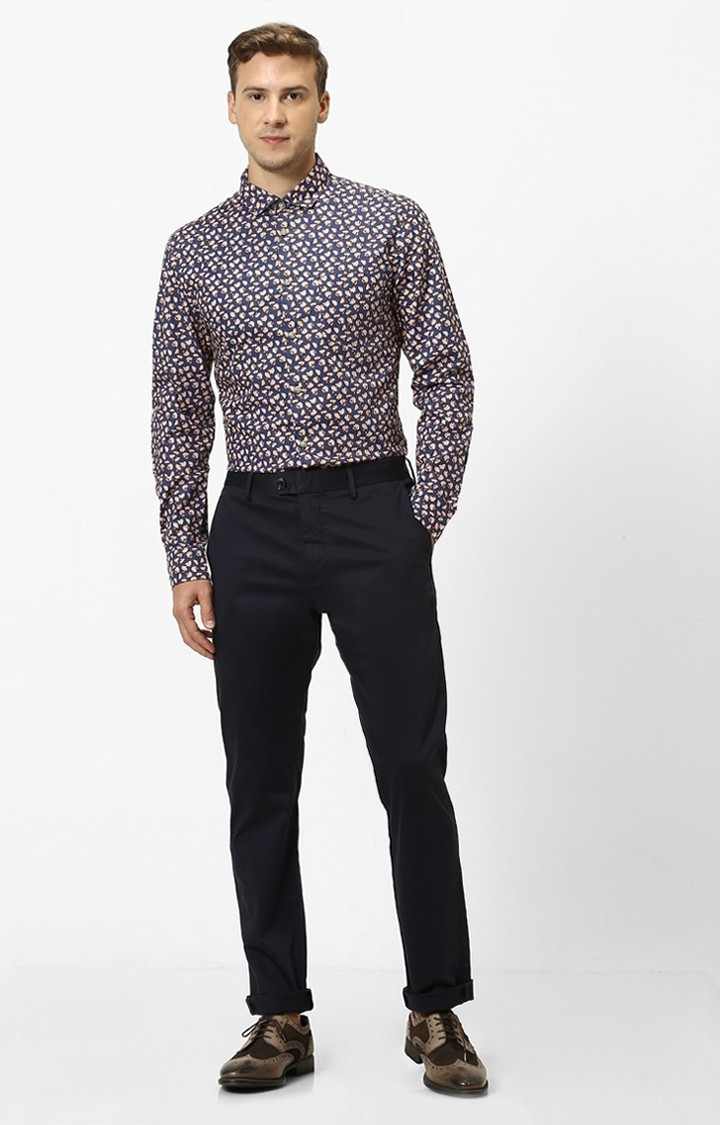 Men's Blue Cotton Blend Solid Chinos