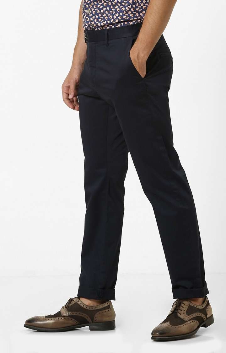 Men's Blue Cotton Blend Solid Chinos