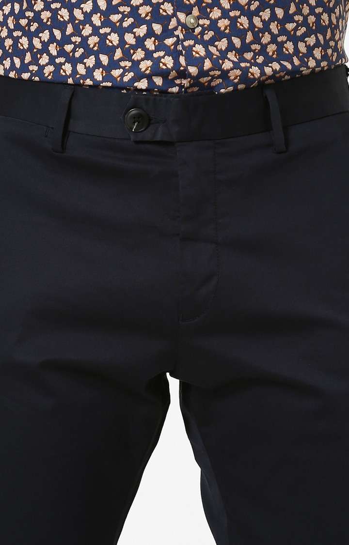 Men's Blue Cotton Blend Solid Chinos