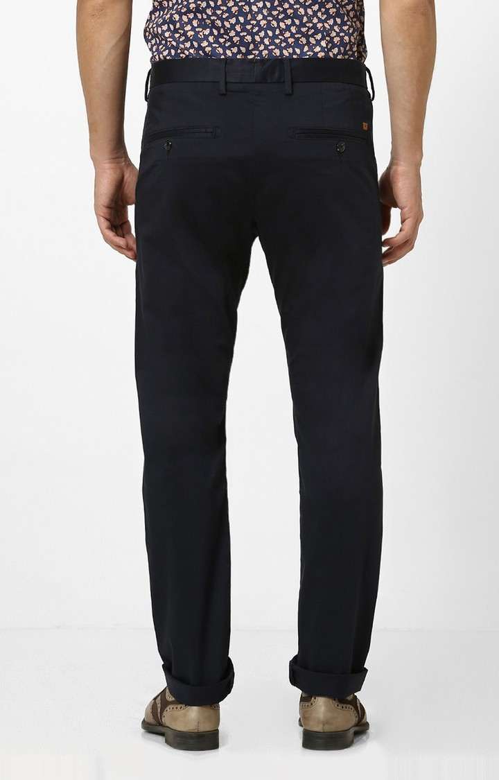 Men's Blue Cotton Blend Solid Chinos